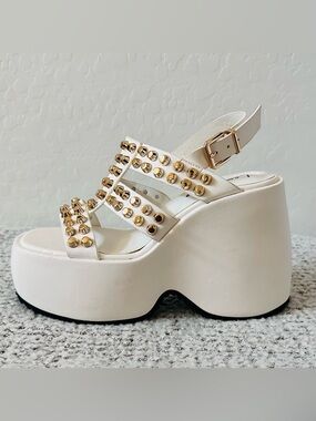 Lemon Drop by Privileged London Wedge Sandals White Studded Platform Sz 10 New